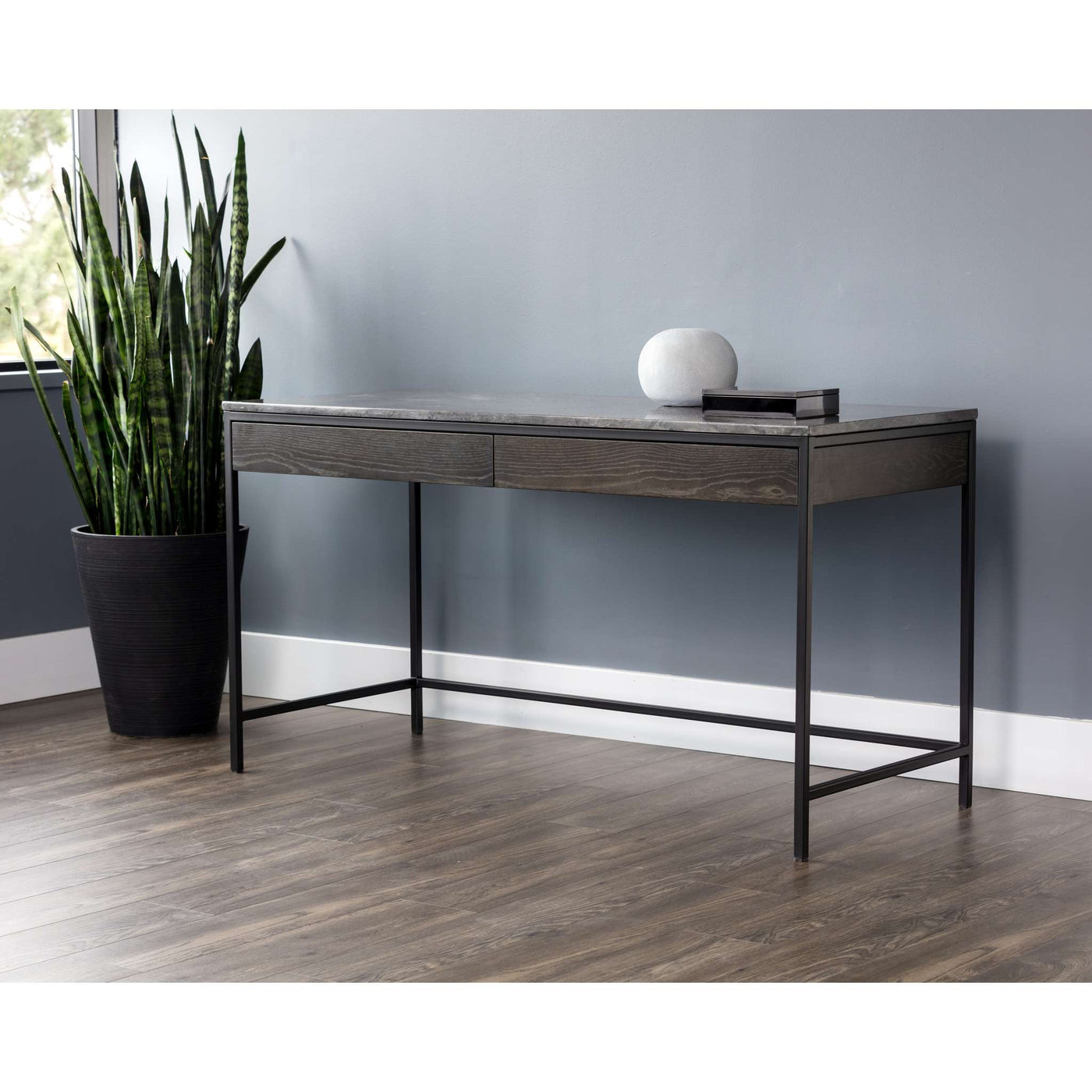 Stamos Desk - Black - Grey Marble / Charcoal Grey